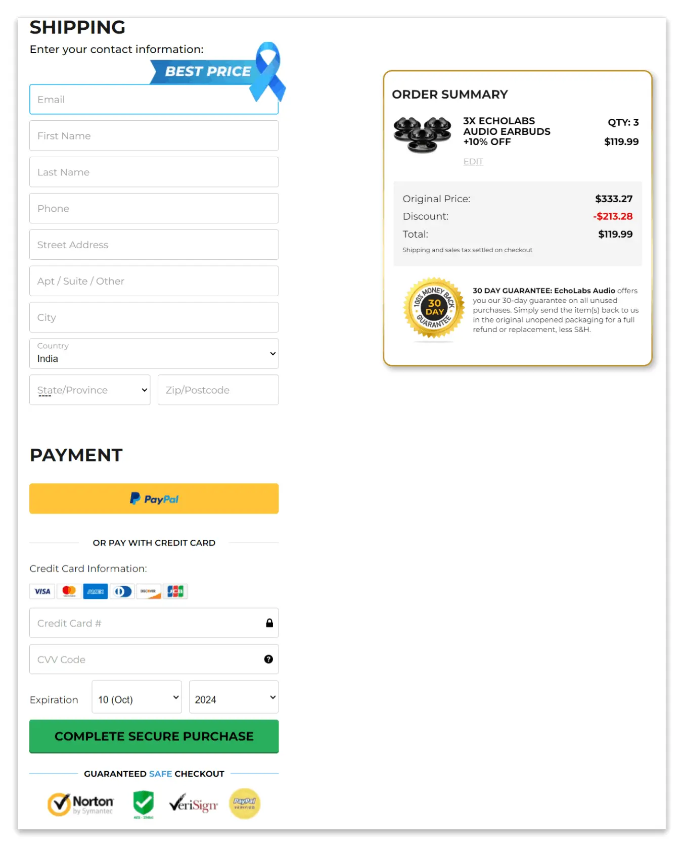 Echo Labs Earbuds secure checkout page